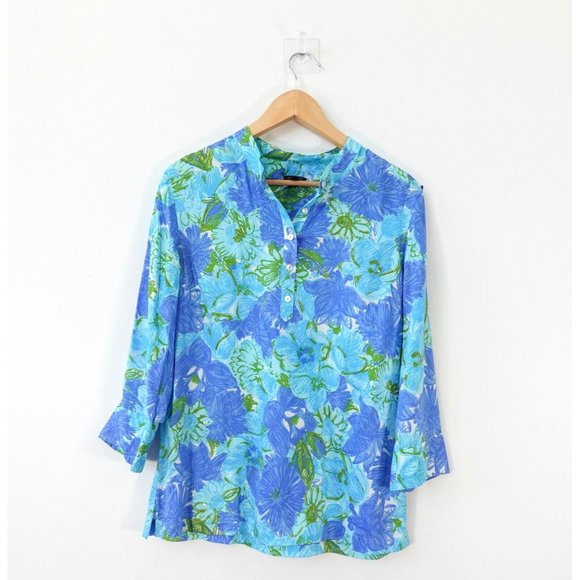 Talbots Tops - Talbots Shirt Women Size Small Blue Floral Top Blouse Sequin Boho Allover Tencel